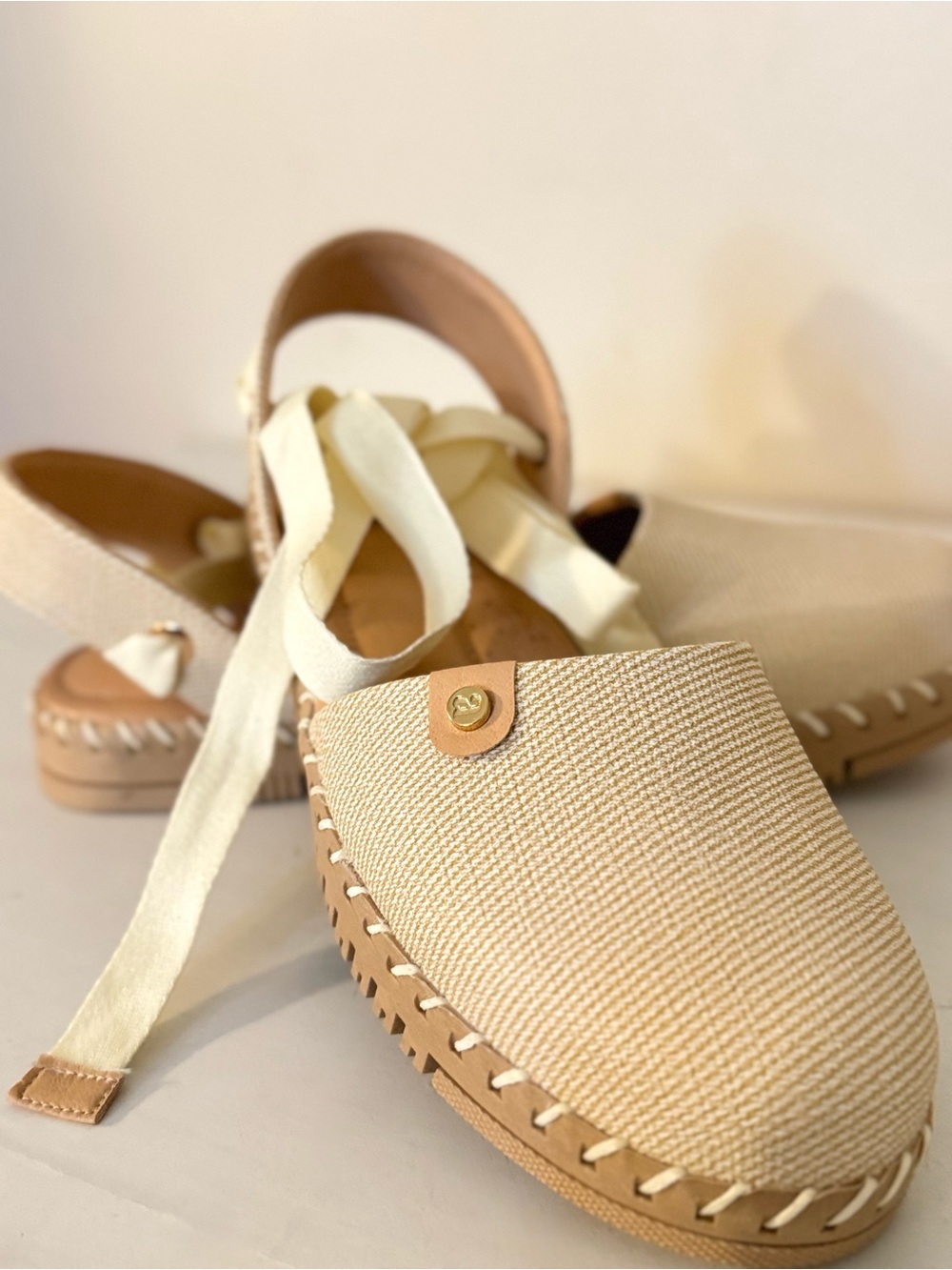 Women's Cream Espadrille Lace-Up Flats